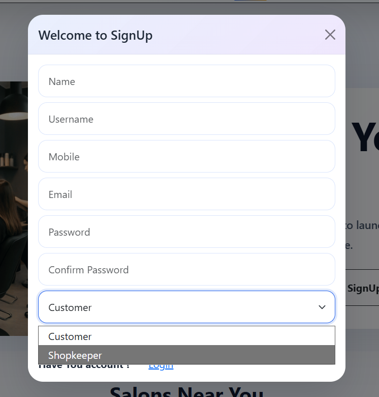 Select Customer or Shopkeeper during signup